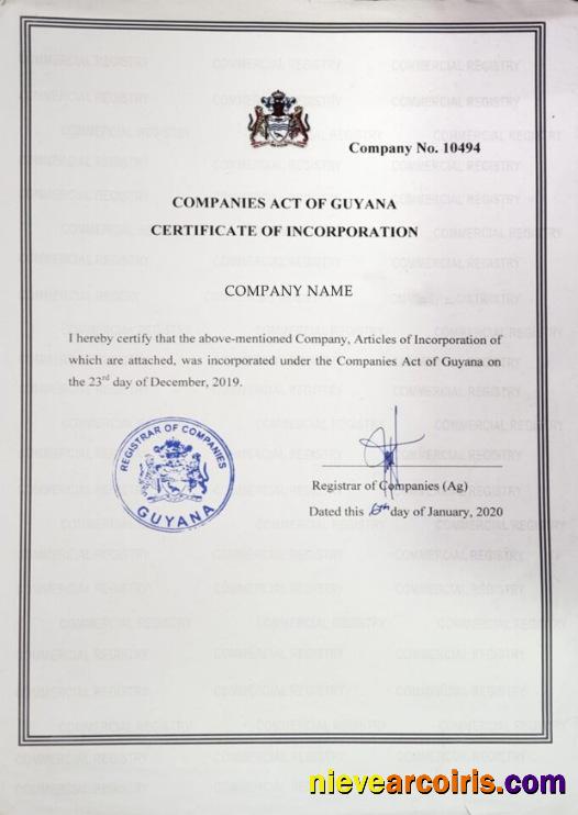 Guyana Certificate of Incorporation